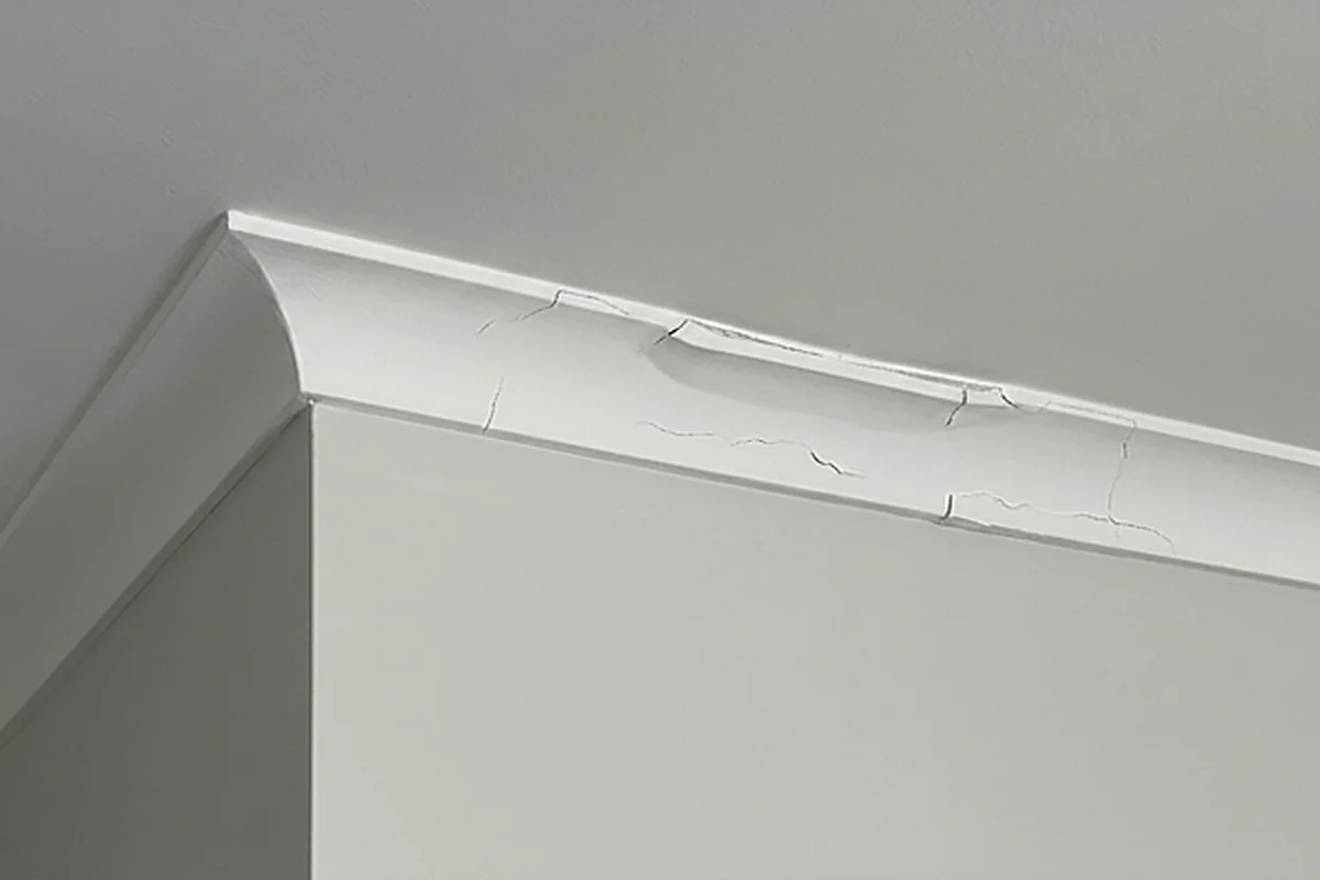 A painted cove cornice with the mitre and the joint beside it cracked open along the top edge.