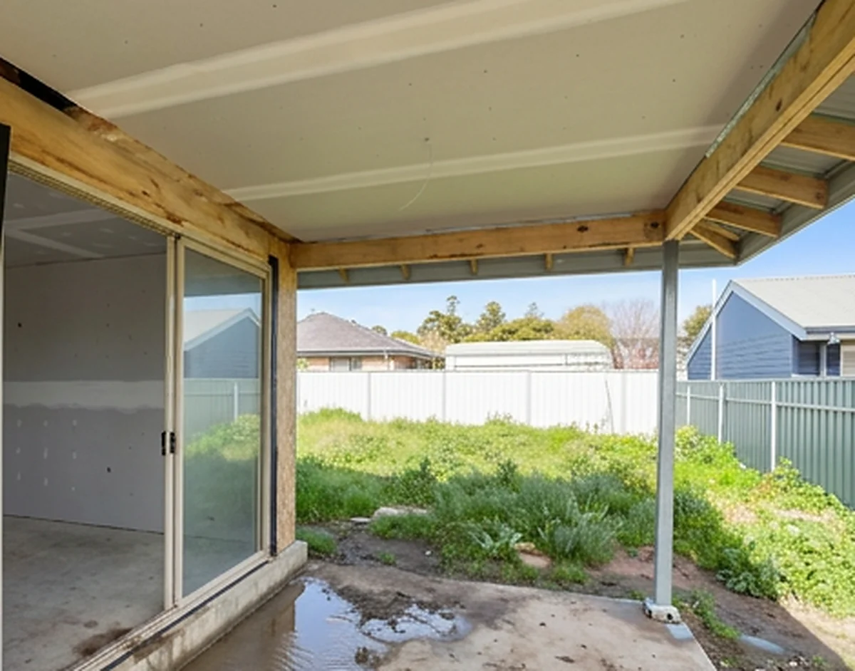 An alfresco under a new roof with the ceiling lined and the rafters and posts still bare, looking out over an unfinished yard.