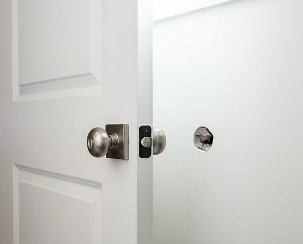 A hole the size of a door handle punched through a plasterboard wall where the door has swung back against it.