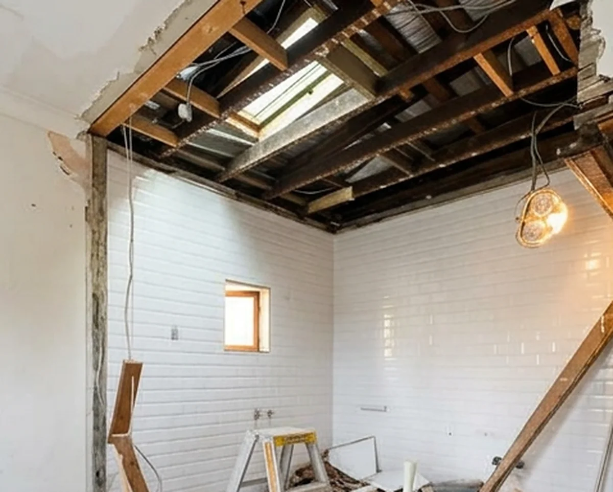 A bathroom stripped back with the ceiling removed to the roof timbers and the old white tiled walls still standing.