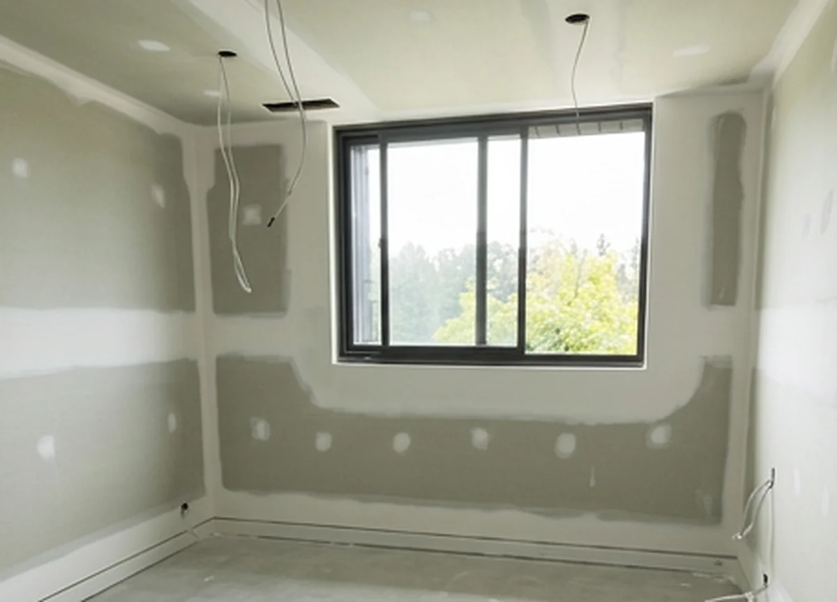 A sheeted bedroom with a sliding window, the joints and screw heads set and wiring hanging from the ceiling.