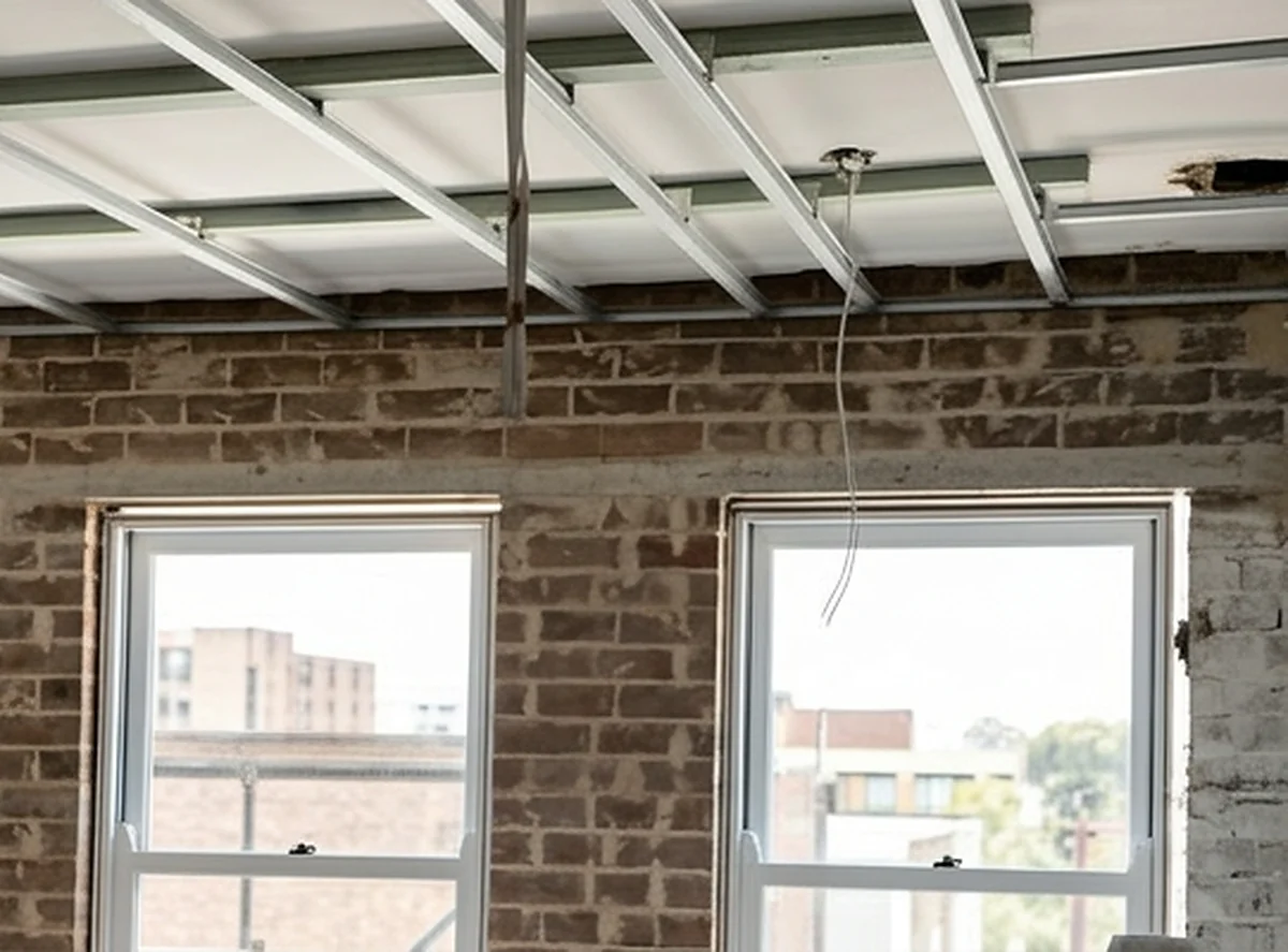 A steel ceiling grid set out below the roof in a room with old brick walls and tall timber windows.